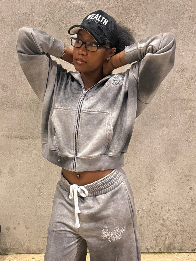 Gray Spotted One long shorts styled on body