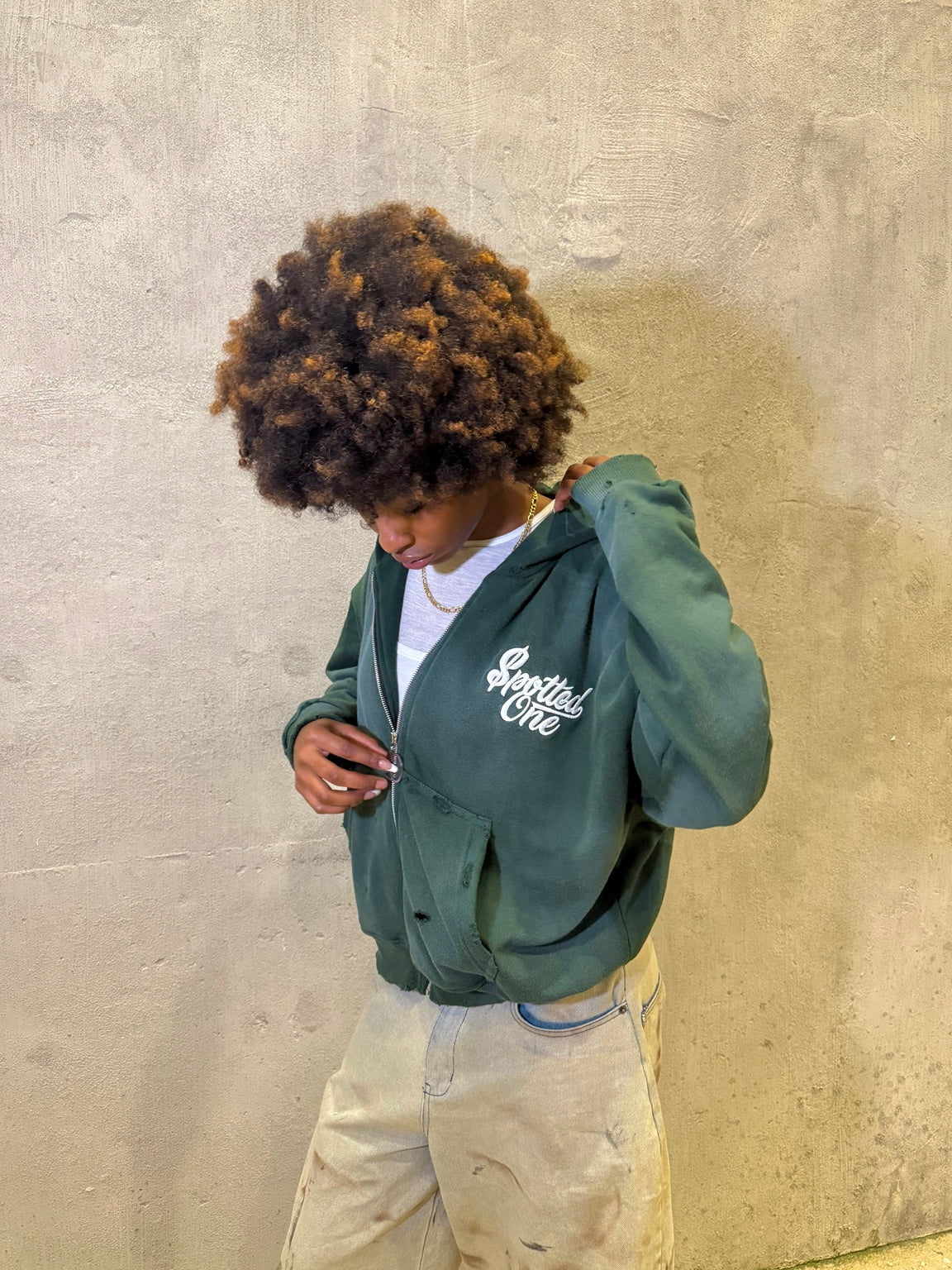 Money Green Spotted One zip-up styled on body