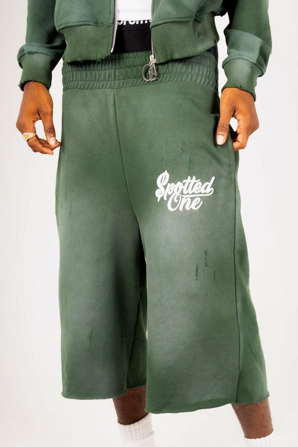 Money Green Spotted One long shorts styled on body