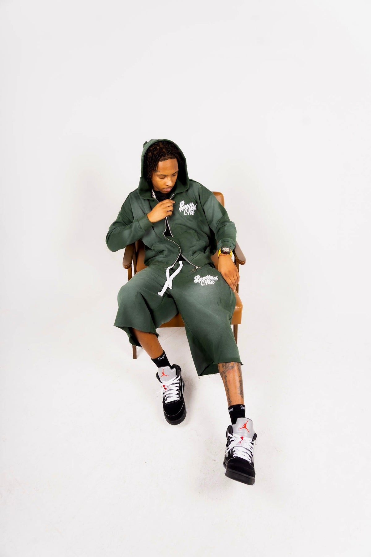 Money Green Spotted One long shorts styled on body