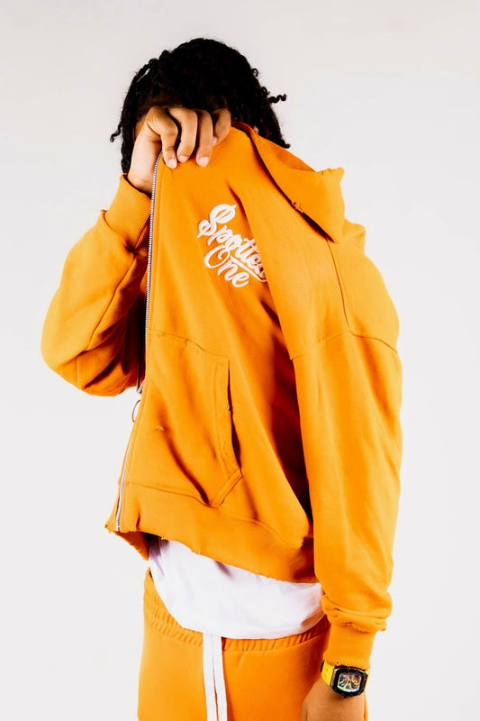 Orange Spotted One zip-up styled on body