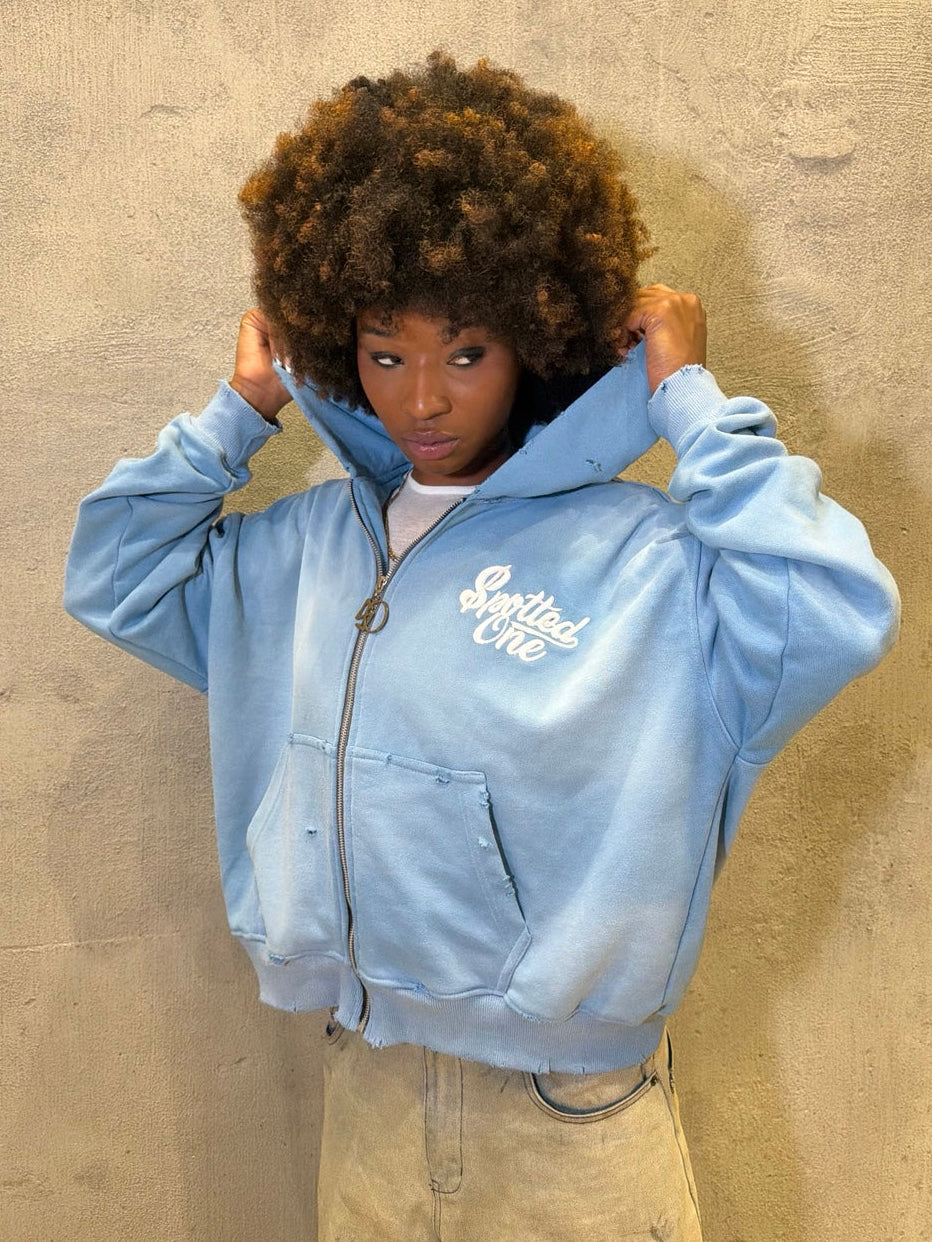 Sky Blue Spotted One zip-up styled on body