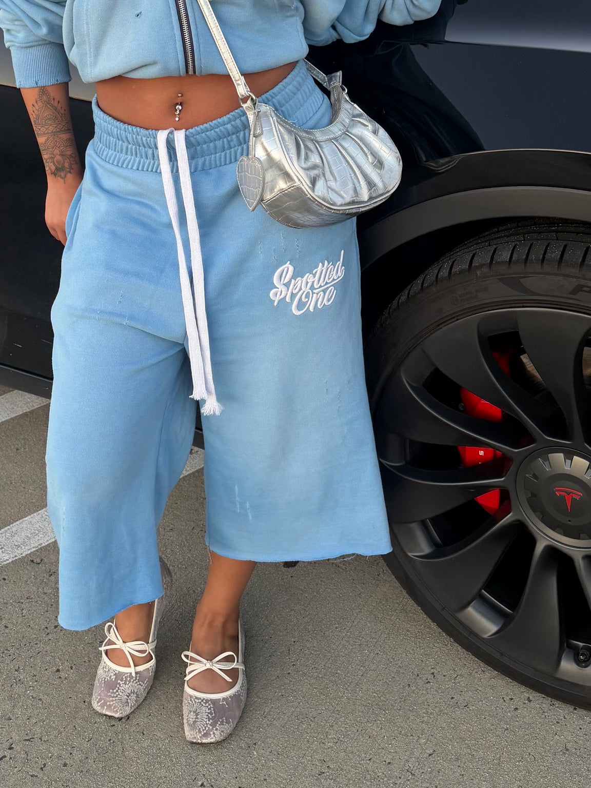 Sky Blue Spotted One long shorts styled on body