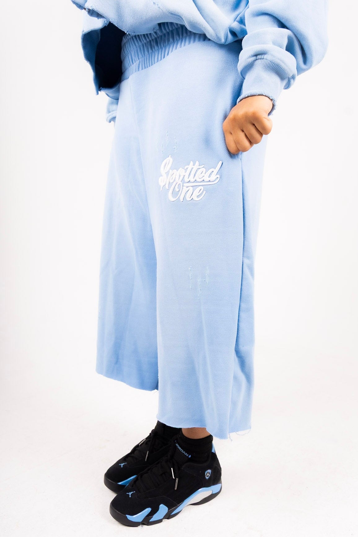 Sky Blue Spotted One long shorts styled on body
